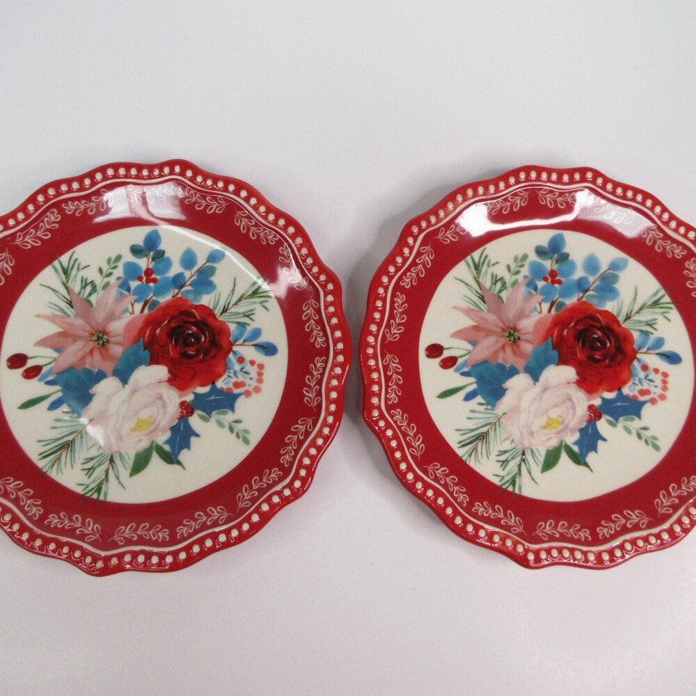 Pioneer Woman Christmas Appetizer Plates Holiday Wishful Winter 6.5"Red Lot of 2